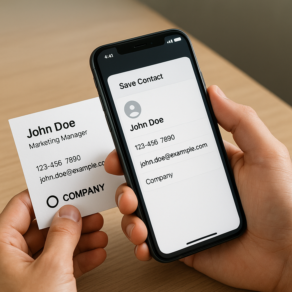 A Person scanning a QR code on a resume or business card with their smartphone, showing the contact saving interface.png